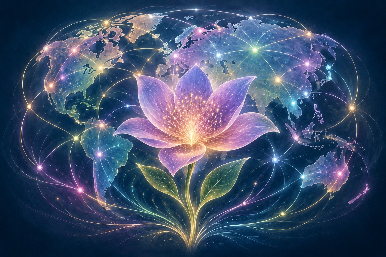 Ilustração de uma flor luminosa sobre um mapa-múndi conectado por linhas de luz, simbolizando o mapeamento global das evidências em Terapia Floral